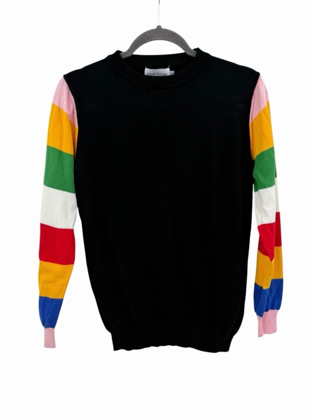 OXKNITSTORE Women's Black Muticolor Striped Sleeves Crew Neck Sweater Small